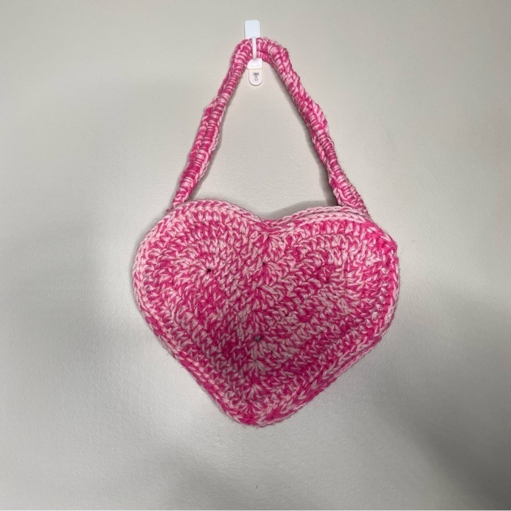 Handmade Light Pink and Dark Pink Crochet Heart Bag